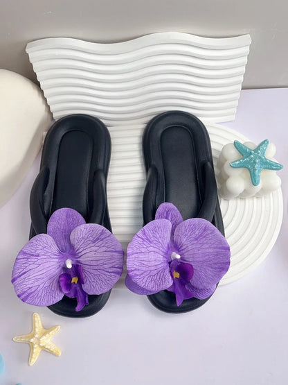 Women’s Phalaenopsis Flower Flip Flops - Cute Multicolor Summer Slippers