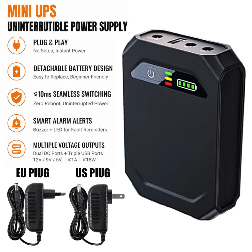 10400mAh Mini UPS Battery Backup - 5V/9V/12V DC Uninterruptible Power Supply for Routers with Replaceable 18650 Batteries, No Battery Included