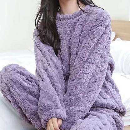 Autumn Women's 2 Piece Warm Velvet Pajama Set – Ribbed Fleece Pullover & Pants, Casual Loungewear (2023)