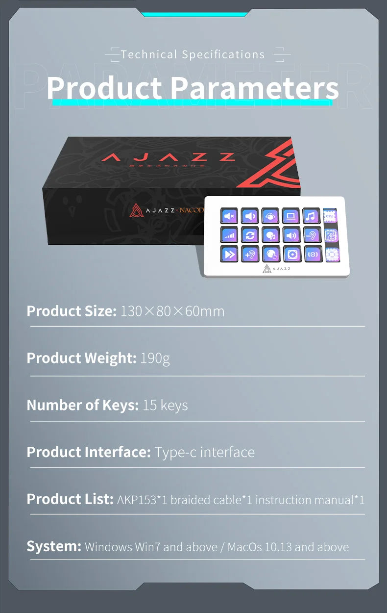 AJAZZ AKP153E Multifunctional Mini Keyboard – 15 Macro Keys Console Panel for Custom Desktop Actions