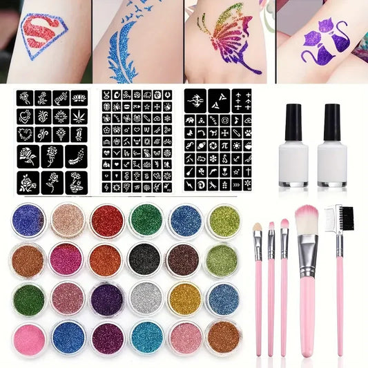 Glitter Temporary Tattoo Set – 24 Colors with 2 Glue Bottles & 3 Stencil Sheets for Stage Performances, Christmas Parties