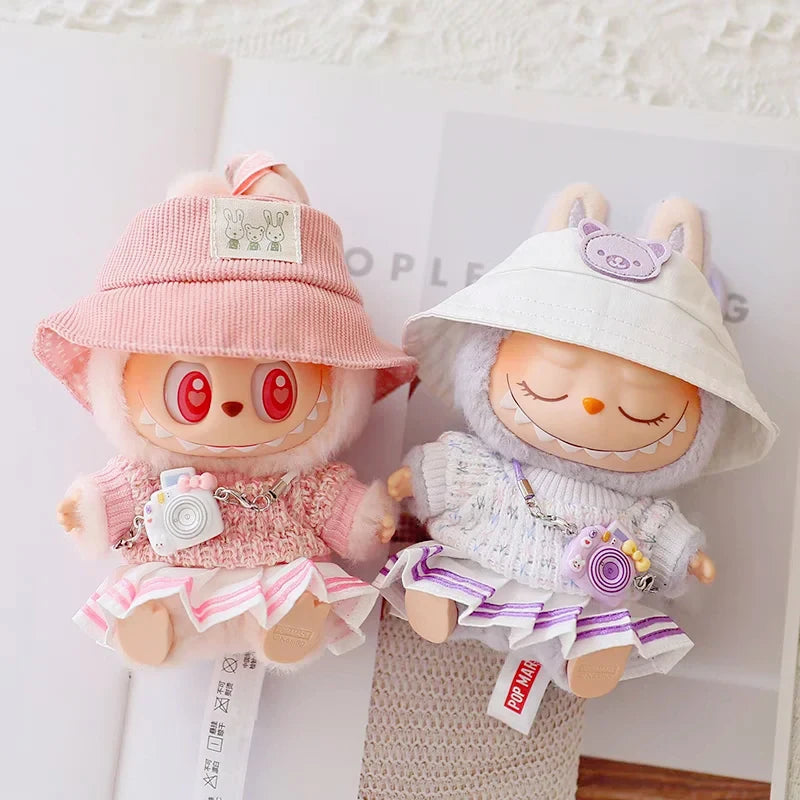 17cm Labubu Doll Clothes Set - Macaron Doll Outfit with JK Pleated Skirt, Camera & Shoes