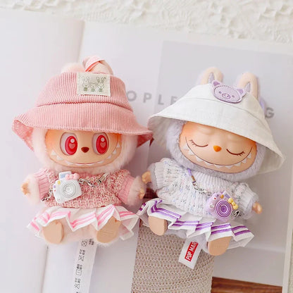 17cm Labubu Doll Clothes Set - Macaron Doll Outfit with JK Pleated Skirt, Camera & Shoes