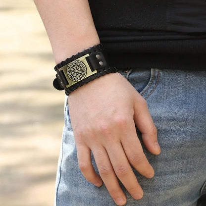 Trendy Viking Bracelet – Nordic Rune Compass & God Bird Charm Leather Woven Jewelry for Men, Fashion Accessory & Party Gift