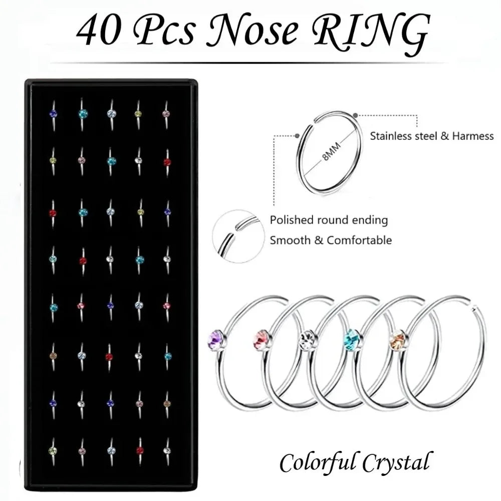 Women’s Crystal Stainless Steel Nose Stud – Hypoallergenic 1.8mm Straight, L, or Screw Nose Ring Jewelry