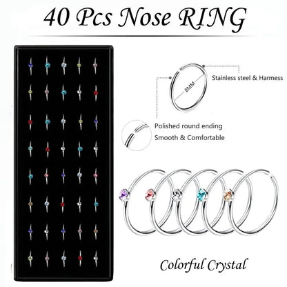 Women’s Crystal Stainless Steel Nose Stud – Hypoallergenic 1.8mm Straight, L, or Screw Nose Ring Jewelry