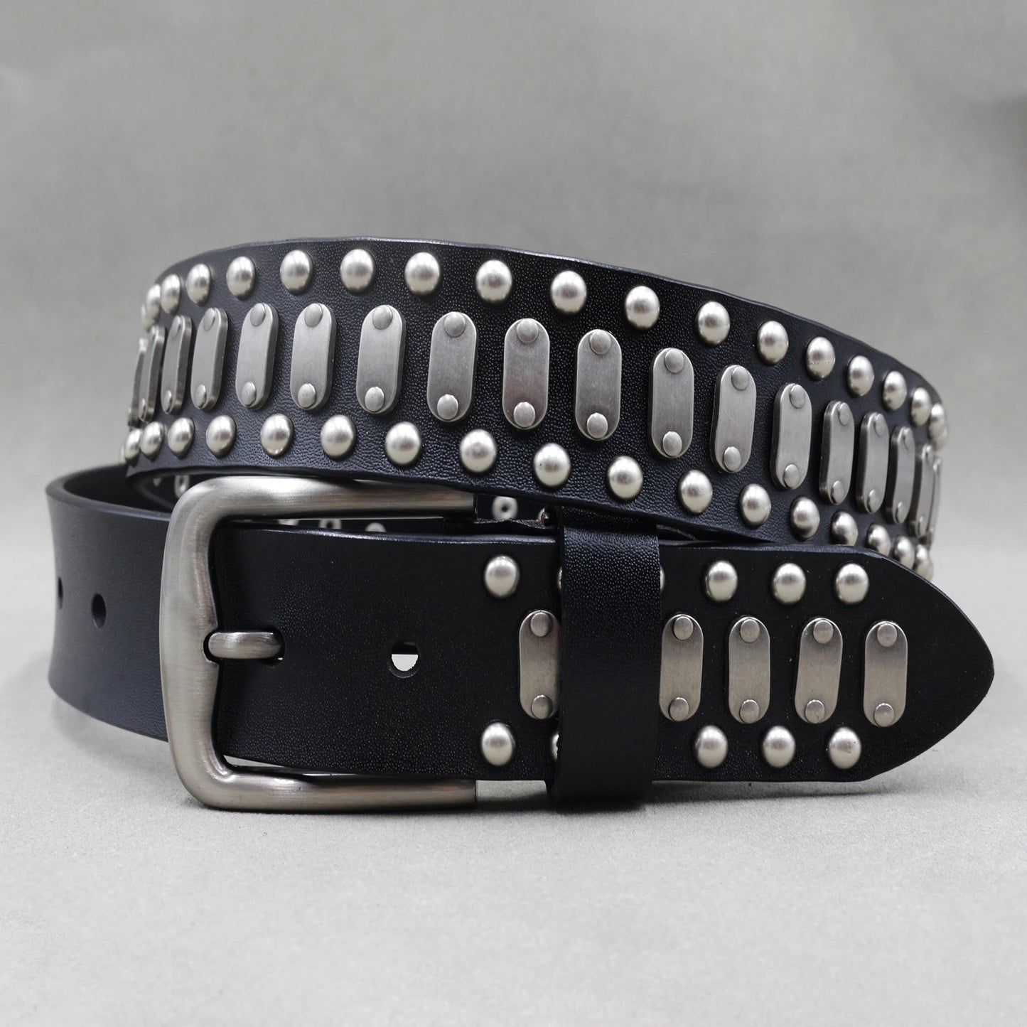 Men’s Designer Rivet Belt – Genuine Cowhide Leather Punk Rock Pin Belt for Jeans, Luxury Black Leather Belt