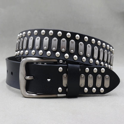 Men’s Designer Rivet Belt – Genuine Cowhide Leather Punk Rock Pin Belt for Jeans, Luxury Black Leather Belt