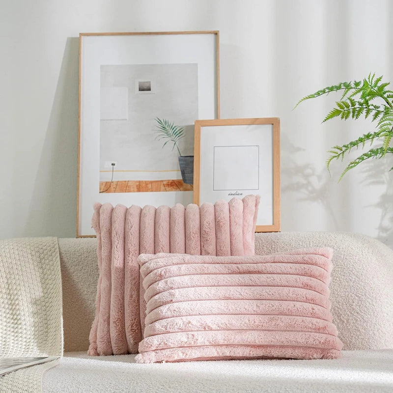 Faux Rabbit Fur Square Cushion Cover – Thick Striped Super Soft Solid Color Pillow, 45x45cm Sofa Decor