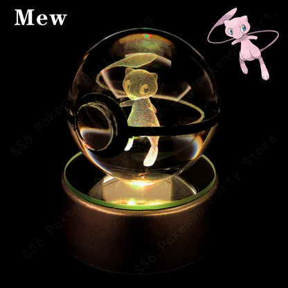 Pokemon Crystal Ball Night Light - 3D Pikachu, Gengar, Mew and Mewtwo Lamp Base, Glass Pokeball Figure, Birthday Gift