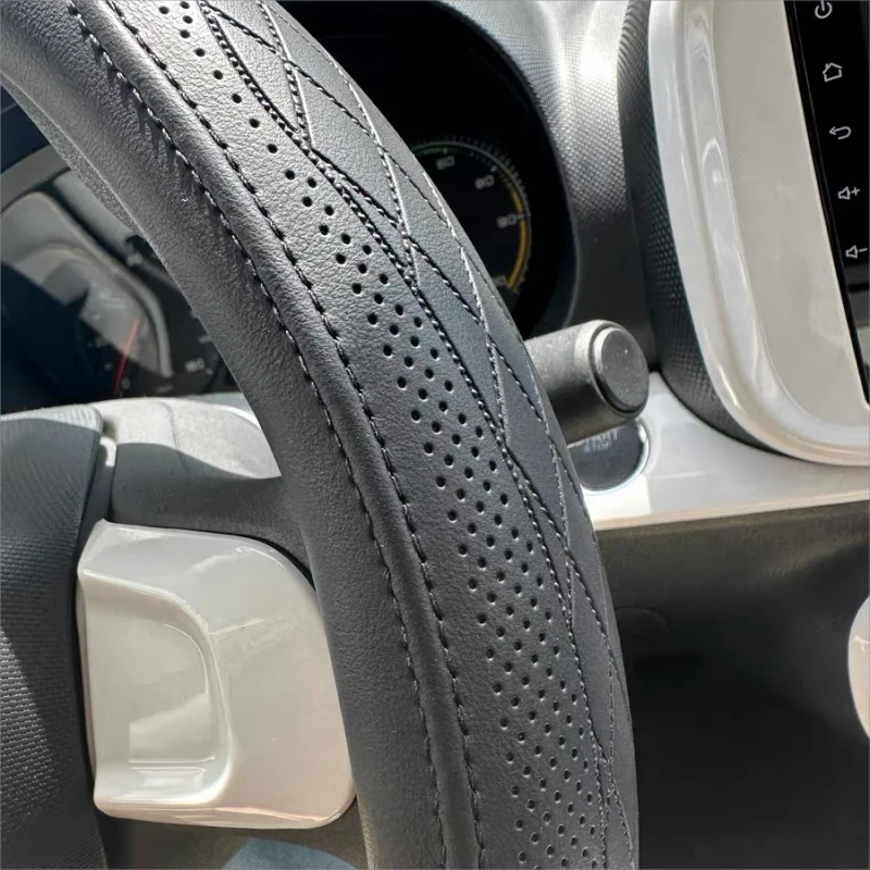 Napa Leather Perforated Patchwork Steering Wheel Cover - Non-slip & Breathable, Universal 15 Inch (38cm)