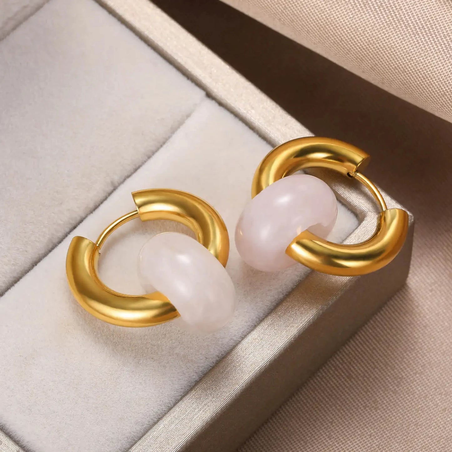 Leopard Bead Opal Stainless Steel Hoop Earrings — Gold Color, Anti-Fading Wedding & Prom Jewelry for Women, Gift Accessory