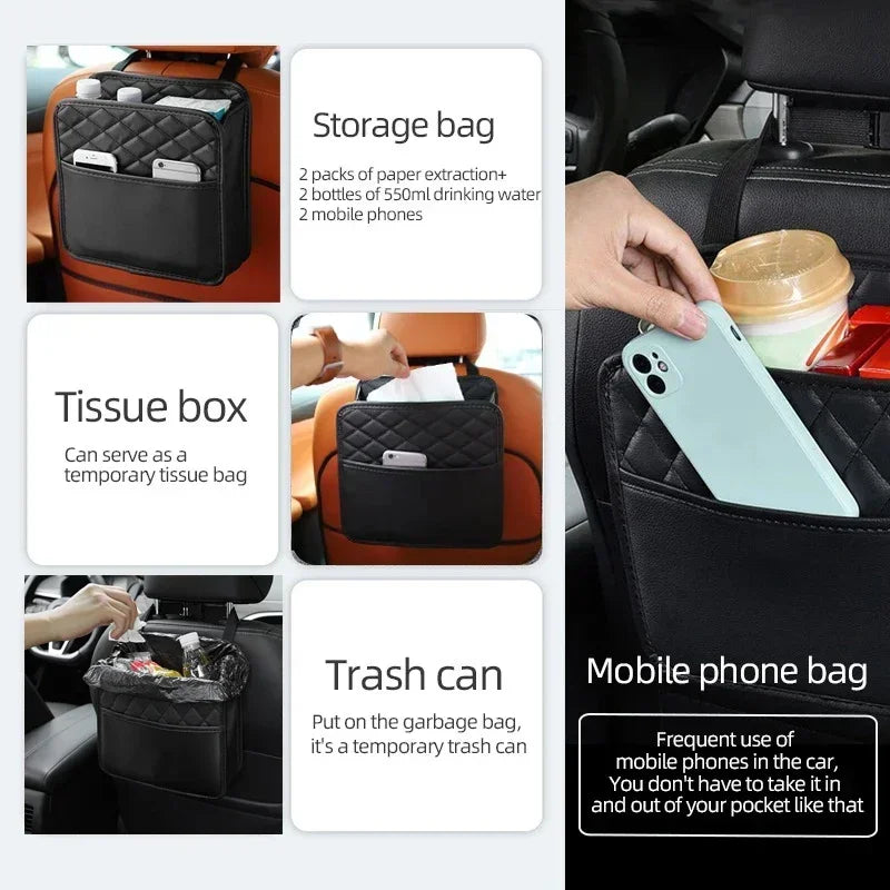 2024 Multi-Functional Car Seat Storage Bag – Leather Garbage Bag & Portable Trash Can for Most Models