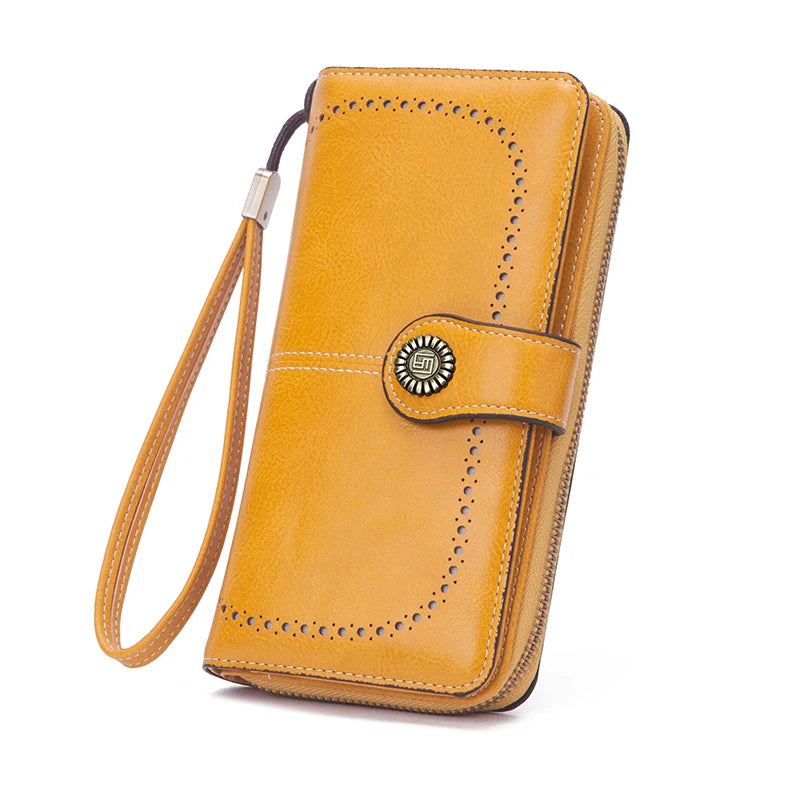 Vintage Large Capacity Women's Purse – Monochromatic Multi-Card Long Wallet with Zipper & Wrist Strap