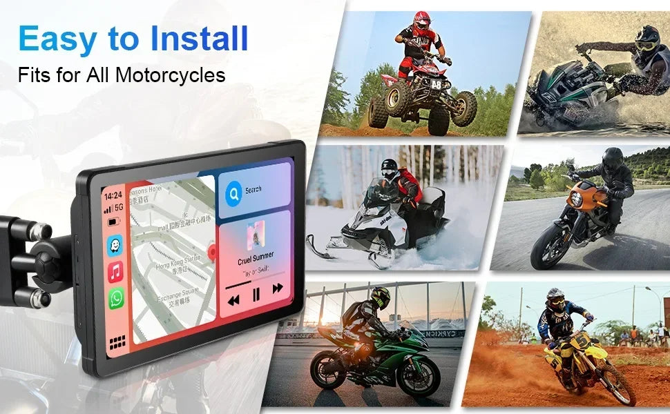 5/7 Inch Motorcycle CarPlay DVR Navigation GPS Monitor – Wireless Android Auto, Airplay, IPX7 Waterproof Portable Display