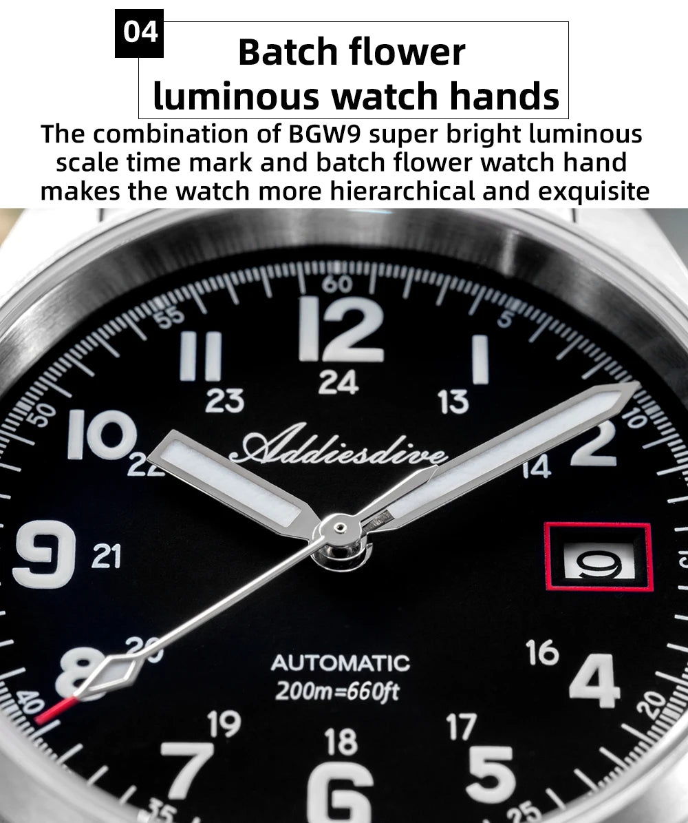 ADDIESDIVE AD2070 Men’s Automatic Mechanical Watch – Sapphire Crystal, 20Bar Waterproof, Super Luminous Stainless Steel