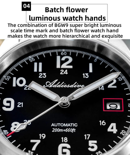 ADDIESDIVE AD2070 Men’s Automatic Mechanical Watch – Sapphire Crystal, 20Bar Waterproof, Super Luminous Stainless Steel