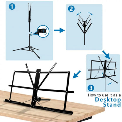 2-in-1 Folding Music Stand – Dual Use Portable Sheet Music & Desktop Book Stand, Lightweight and Adjustable