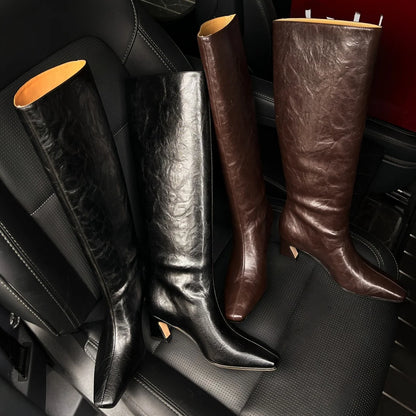 Women’s Genuine Leather Knee-High Boots – 5.5cm Thin Heel, Square Toe Slip-On Autumn Long Boots