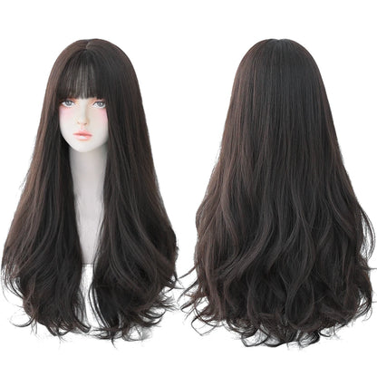 7JHH Brown Ash Long Deep Wave Lolita Wig for Women — Synthetic Hair with Bangs, Thick Curly Fashion Wig