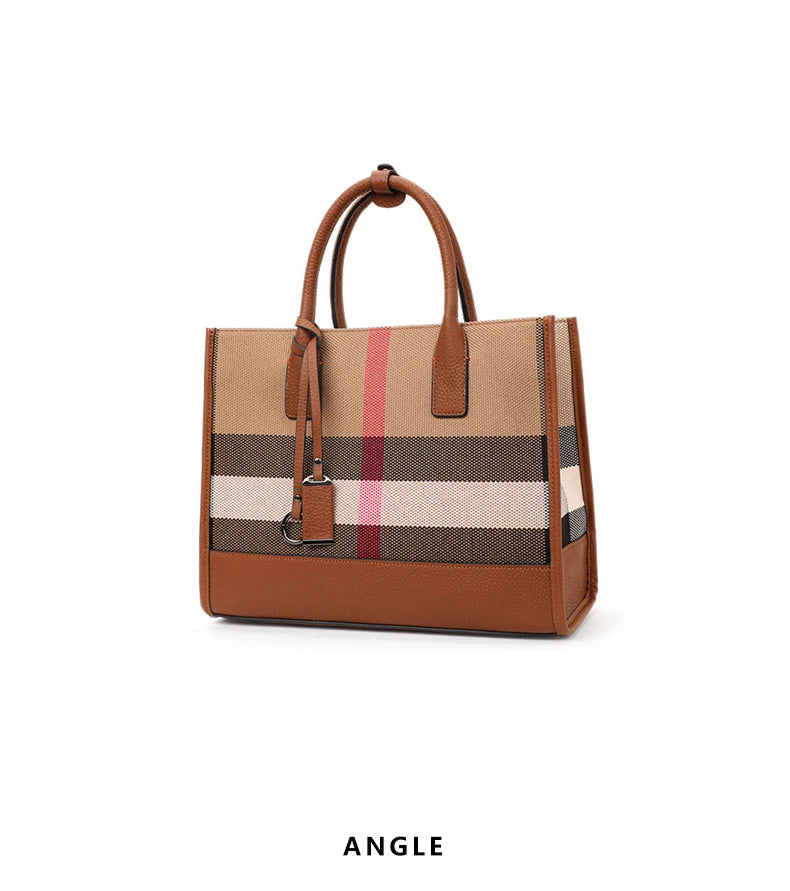Aidrani Women’s Plaid Canvas Handbag – Classic Large Capacity Cowhide Single Shoulder Crossbody Bag