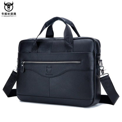 BULLCAPTAIN Men's Genuine Leather Briefcase – 14-Inch Laptop Shoulder Messenger Bag for Business & Office