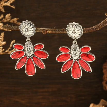 Vintage Tribal Gemstone Earrings - Women's Ethnic Style Rose Red Blue Fashion Jewelry Gift