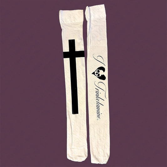 Y2K Punk Skull Print Long Socks - Women's White Retro Harajuku Emo Cosplay Stockings for Streetwear Fashion