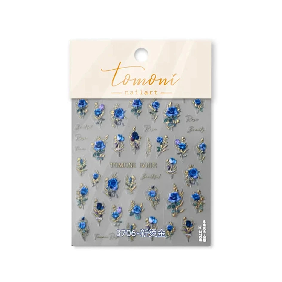 Vintage Rose Flower Nail Stickers – Red & Blue Laser Gold/Silver Nail Art Decals for Manicure Design DIY Beauty Tool