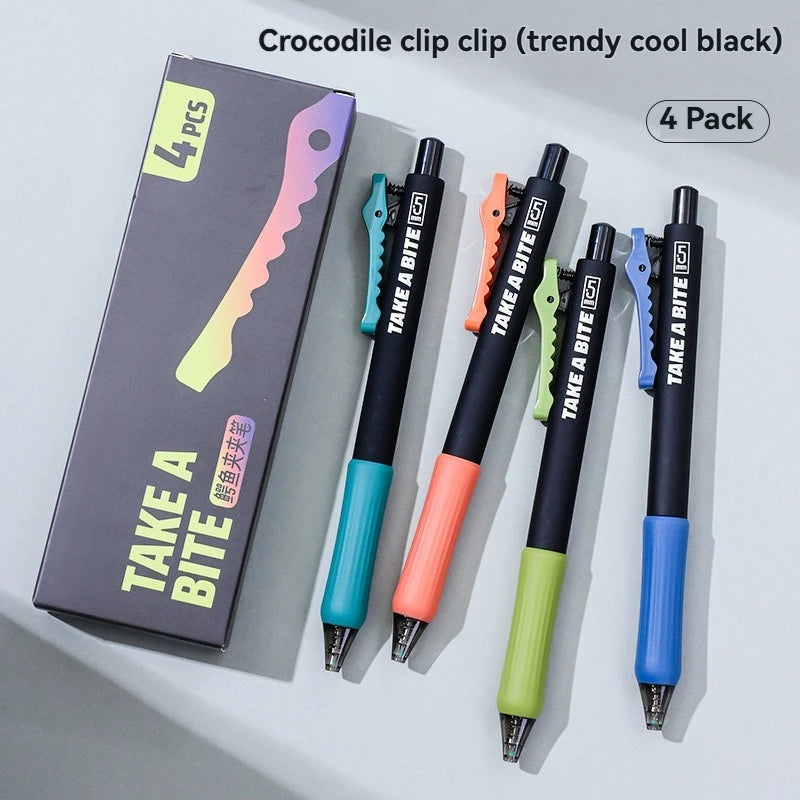 4-Piece Crocodile Clip Gel Pen Set - 0.5mm Black Ink Quick-Dry Smooth Writing Pens