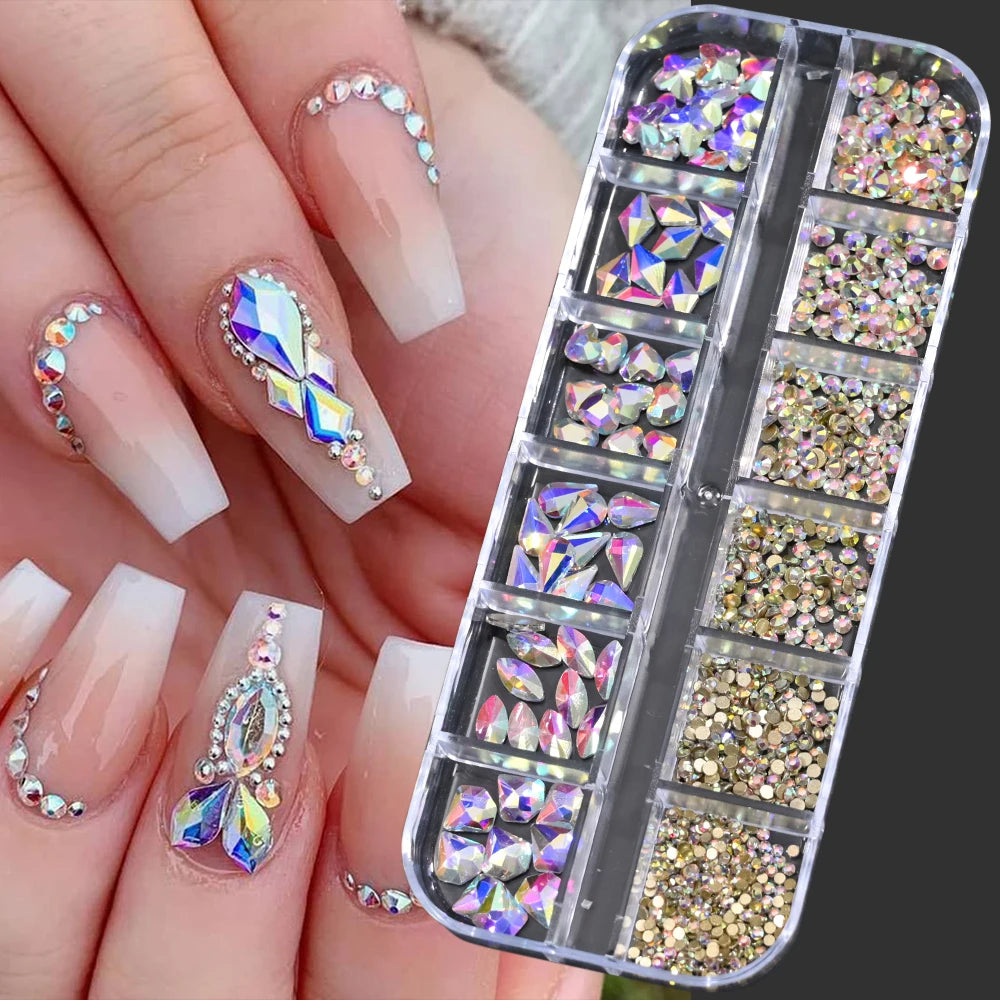 12-Grid Mixed Nail Rhinestones SS6-SS30 – Shiny Flat-Back Gems in Clear, Gold, Pink & Blue for Nail Art Decoration