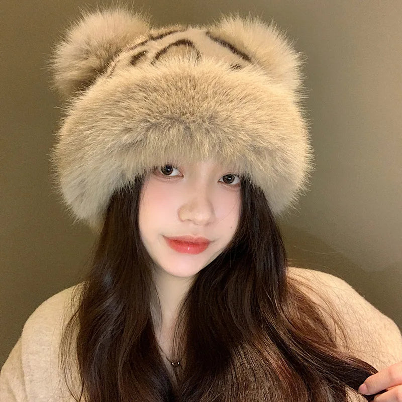 Retro Leopard Print Plush Cat Ear Beanie – Thick Warm Fur Hat for Women, Windproof & Fluffy Winter Snow Cap
