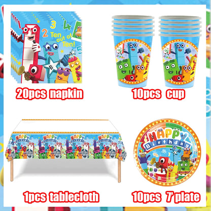Number Birthday Building Blocks Party Decorations Set – Tablecloth, Banner, Balloons & Cake Topper for Kids & Baby Shower Supplies