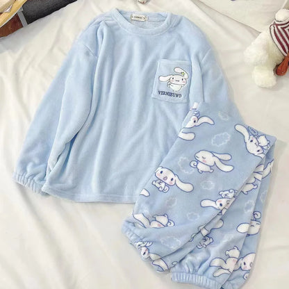 Sanrio Anime Flannel Pajamas - Cinnamoroll, Kuromi, My Melody Coral Velvet Pullover - Winter Warm Homewear for Girls