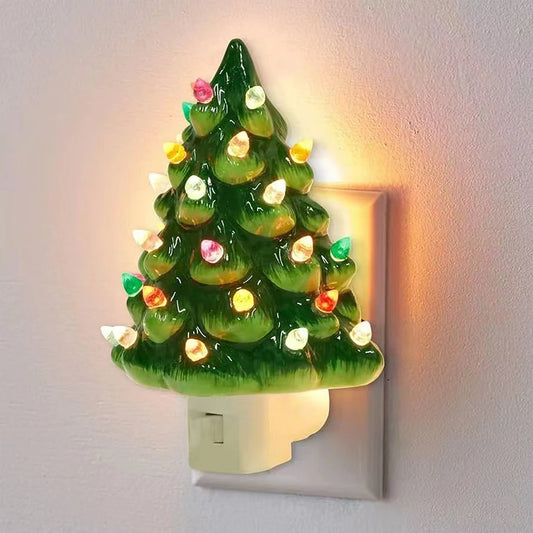 Christmas Tree LED Night Light – Hand-Painted Ceramic Vintage Green Xmas Decoration with Wall Plug-In Lamp
