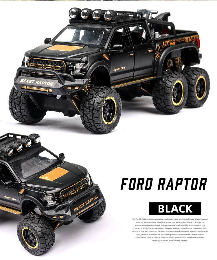 1:24 Diecast F150 Raptor Pickup Truck — Metal Model Car with Sound & Light for Kids Age 3+, Blue