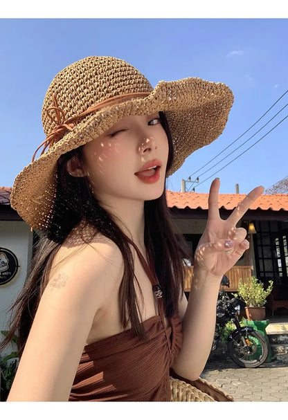 Women’s Holiday Beach Sun Hat – Large Brim Woven Straw Fisherman Hat with Bow, Seaside Sun Protection Panama Chapeau Korean Style