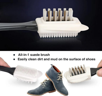 3 Sided Shoe Cleaning Brush for Suede and Nubuck - Stain and Dust Remover with Steel, Plastic and Rubber Bristles