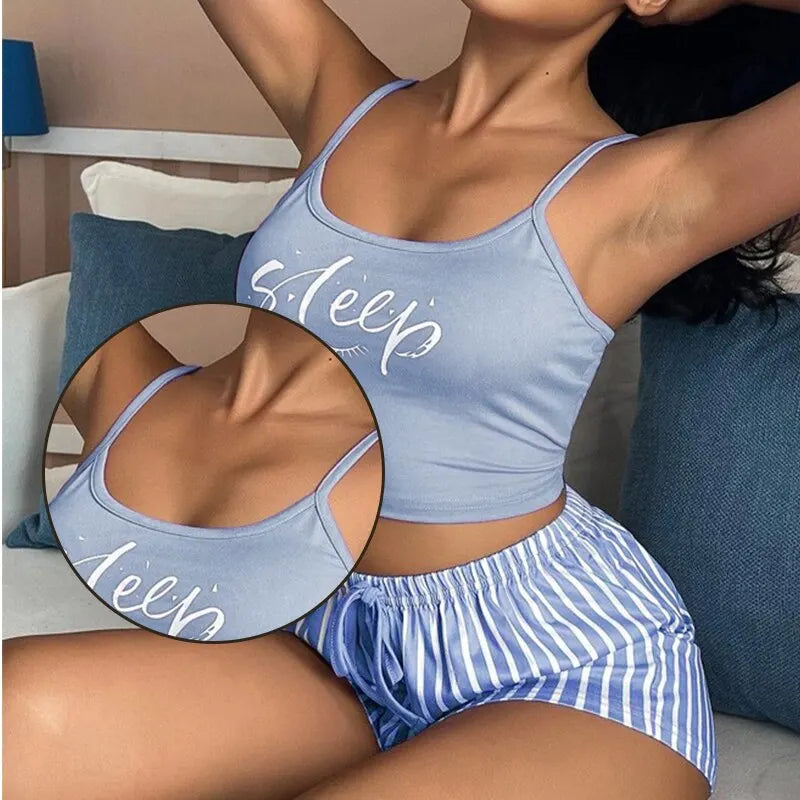 Summer Seduction: Sexy Women's Cotton Pajamas Set - Cute Sleeveless Tops and Shorts, Soft Sleepwear Nightwear for Females