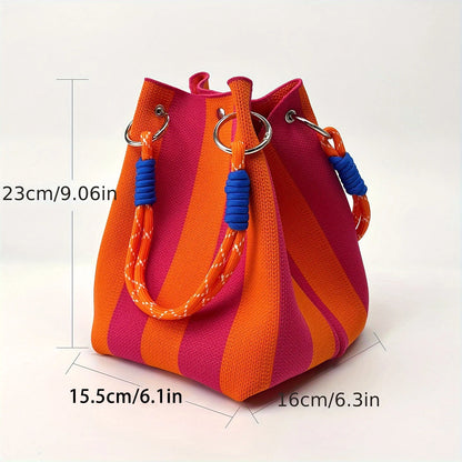 Multicolor Knitted Retro Bucket Handbag – Color-Block Casual Tote Bag, Lightweight & Versatile Everyday Carry Purse