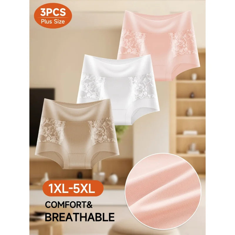 Women’s Plus Size Lace Panties 3-Pack - Breathable Floral Mesh Tummy Control Shaping Briefs for Everyday Comfort