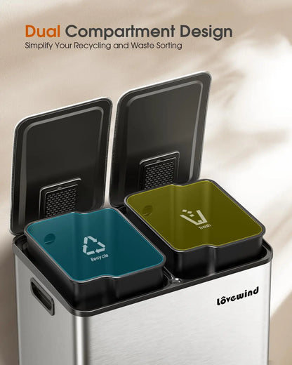 2 x 8 Gallon Stainless Steel Kitchen Trash & Recycling Bin – Dual Compartment with Soft-Close Lid