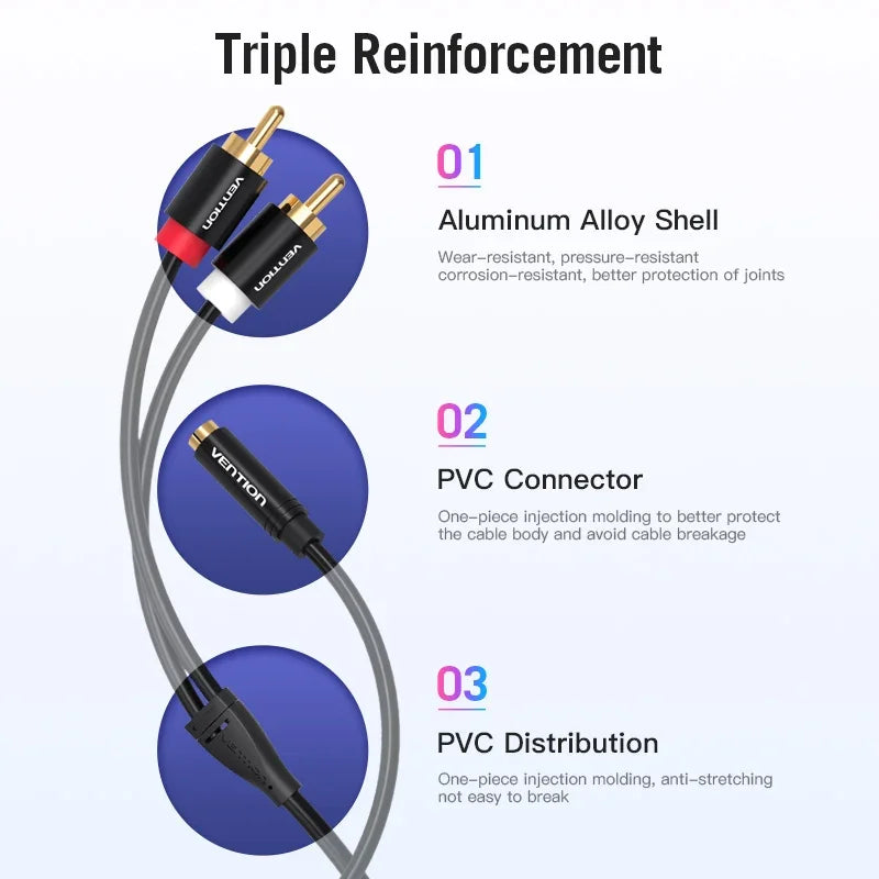 Vention 3.5mm to 2 RCA Audio Cable – Female to Male AUX Splitter Jack Cord for TV, Amplifier & Home Theater Stereo Connection