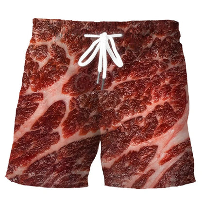 3D Sausage Print Beach Shorts - Funny Food Graphic Elastic Waist Swim Trunks for Men