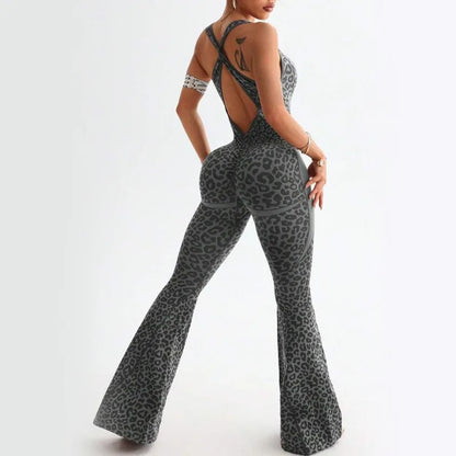 Women’s Seamless Leopard Yoga Jumpsuit – Padded Sleeveless One-Piece Gym Bodysuit Workout Sportswear Fitness Leggings Outfit