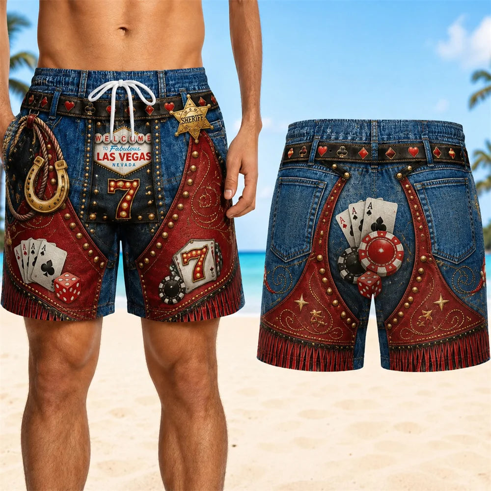 Retro 3D Cowboy Beach Shorts - Men's Quick-Dry Breathable Drawstring Board Shorts