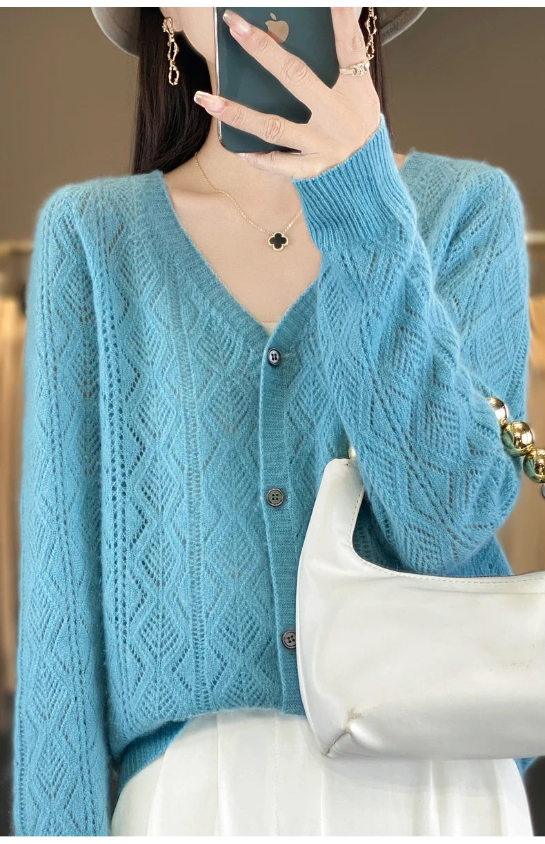Women's 100% Wool Cashmere Cardigan – V-Neck, Super Soft, Loose Fit, Long Sleeve Knit Sweater