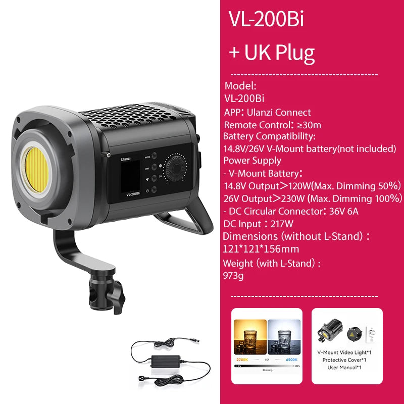 Ulanzi VL-120Bi VL-120C 120W V-Mount COB Light – Wireless APP Control, 2700K-6500K Video Light for Skit Video Photography
