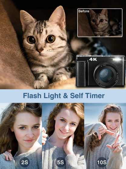 4K Digital Camera – 48MP Photography & Video, Autofocus, Anti-Shake, 3'' 180° Flip Screen with Flash, Compact Vlogging Camera