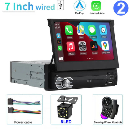 Universal 1-DIN 7" Car Stereo - Retractable Touchscreen MP5 Player with CarPlay, Android Auto, FM Radio & Mirror Link